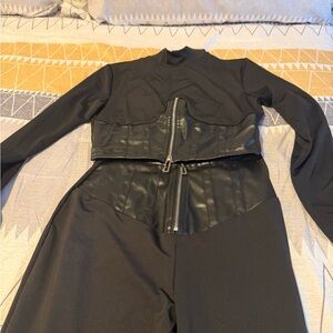 Black Long Sleeve Jumpsuit with Faux Leather Detail